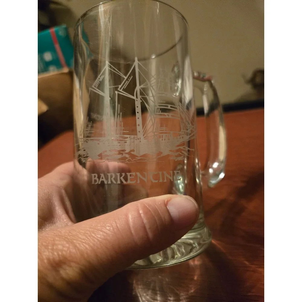 Vintage Barkentine Sailing Ship Etched Glass Beer Mug Nautical Stein Clear‎